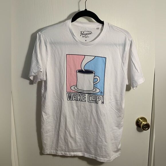 Original Penguin EUC “wake cup” white cotton T shirt Size Medium - Picture 1 of 4